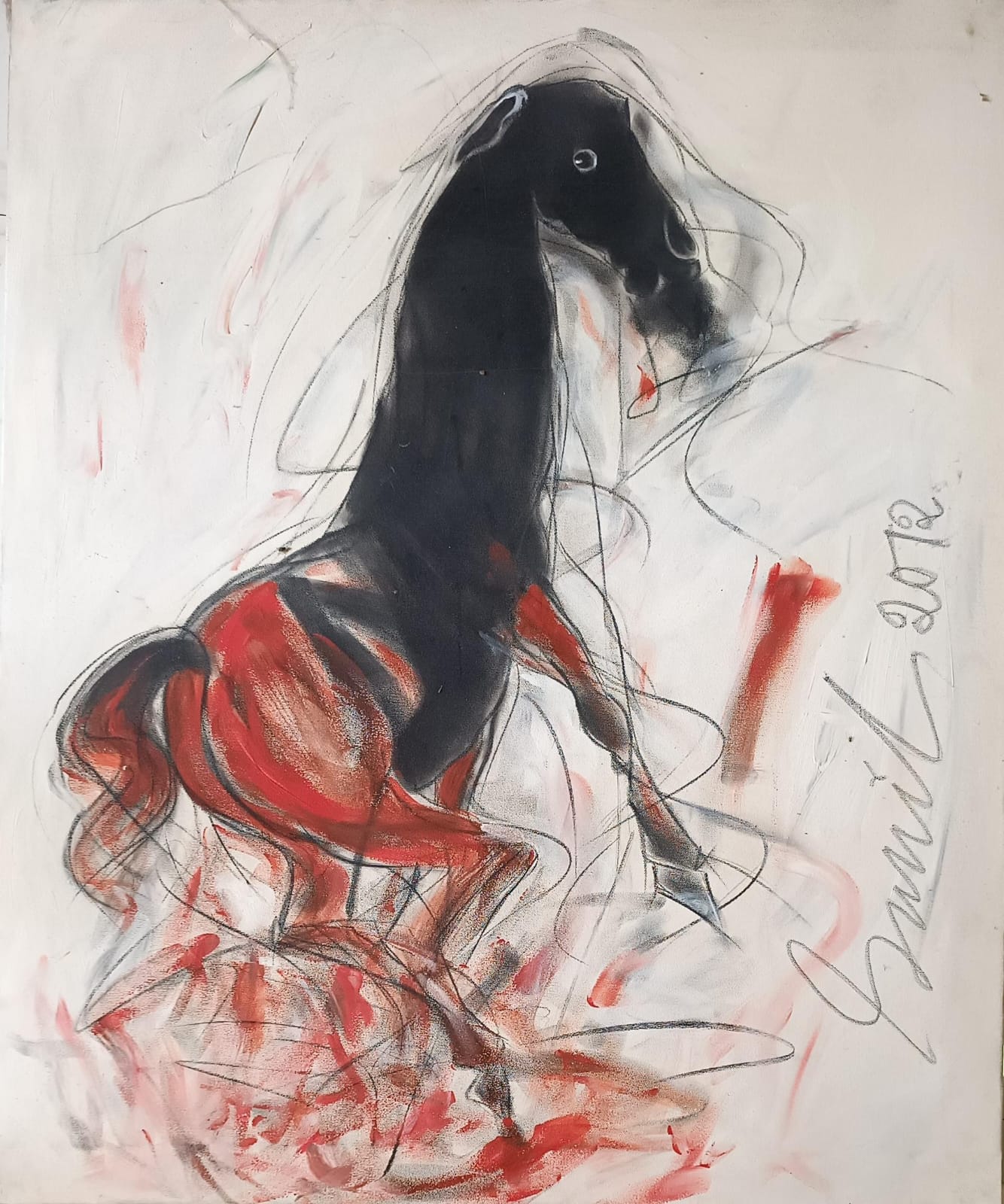 Sunil Das mixed media artwork of a rearing horse in black and red on canvas