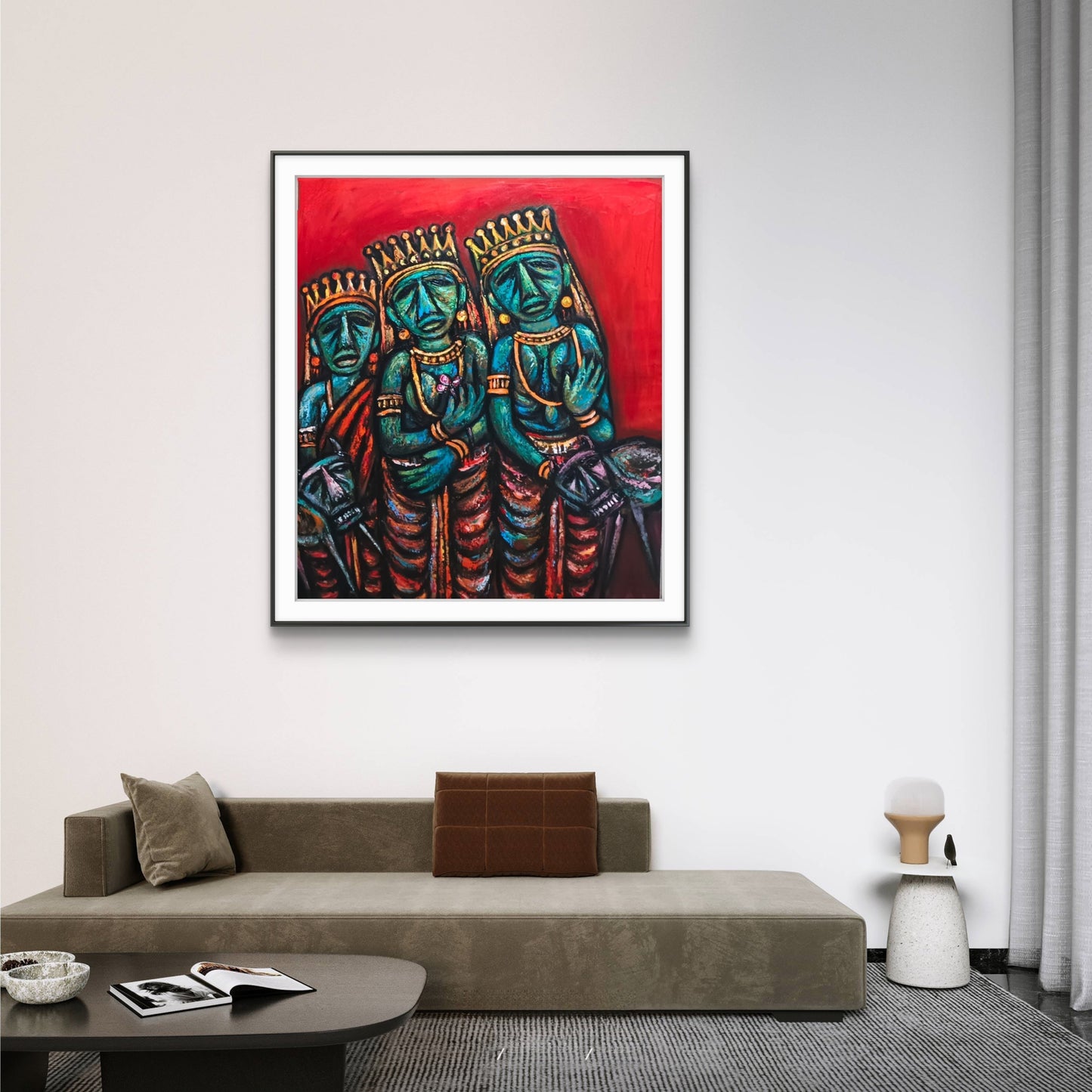 Original Rabin Mondal expressionist painting of three crowned figures in bold red and blue tones, ideal for modern living room wall art and art collectors seeking unique figurative artwork.
