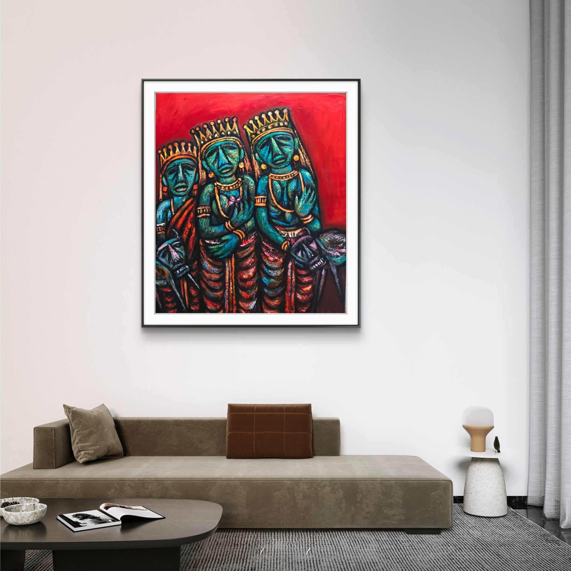 Original Rabin Mondal expressionist painting of three crowned figures in bold red and blue tones, ideal for modern living room wall art and art collectors seeking unique figurative artwork.