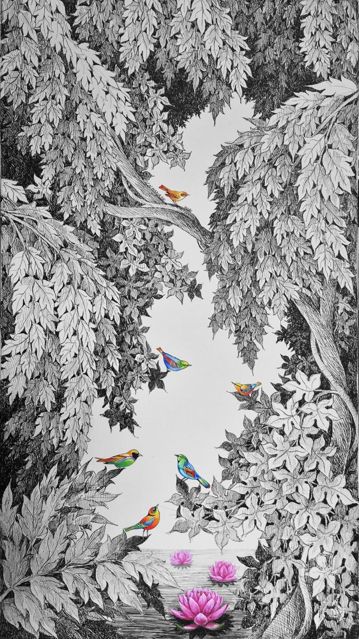 Vertical pen and ink on canvas landscape by Umakant Kanade featuring a dense forest canopy with colorful birds and pink lotuses on water