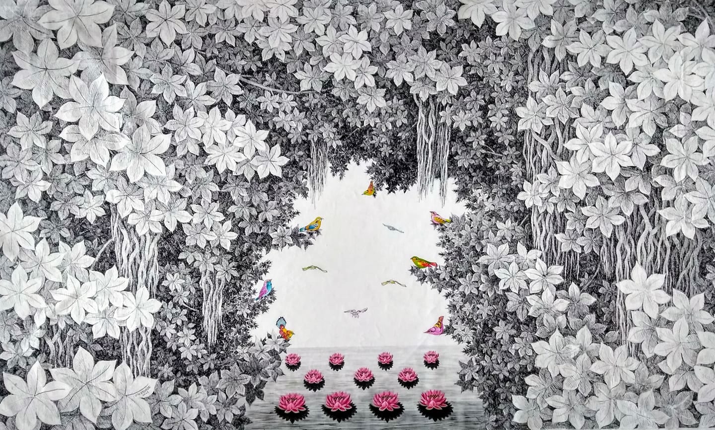 Detailed black and white ink landscape by Umakant Kanade featuring a jungle canopy, vibrant pink lotuses on a pond, and colorful birds
