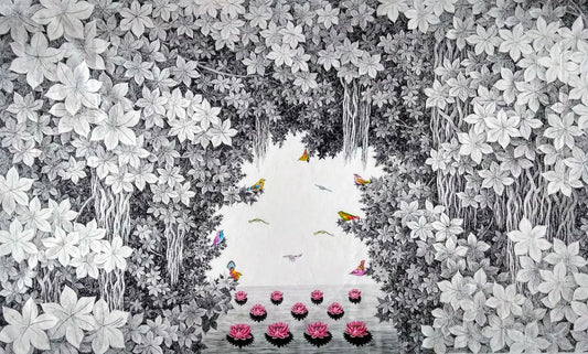 Detailed black and white ink landscape by Umakant Kanade featuring a jungle canopy, vibrant pink lotuses on a pond, and colorful birds