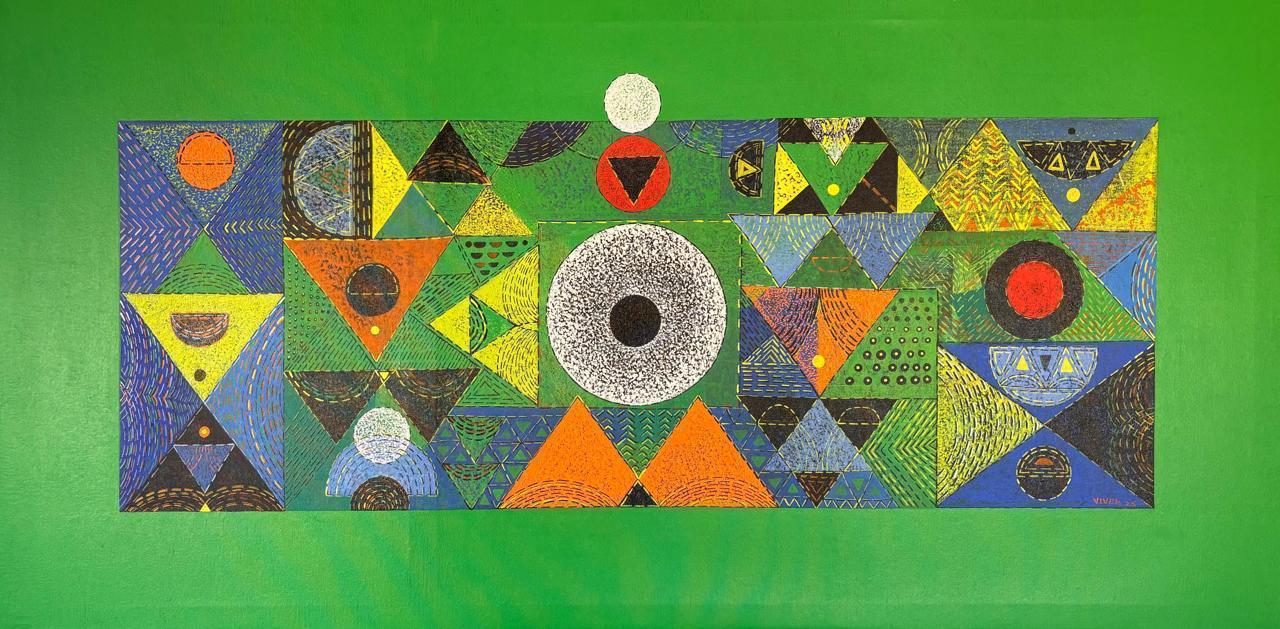 A horizontal contemporary abstract painting by Vivek Nimbolkar featuring a vibrant green border surrounding a central mosaic of colorful triangles, circles, and stippled patterns in orange, blue, and yellow.
