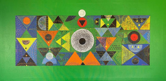 A horizontal contemporary abstract painting by Vivek Nimbolkar featuring a vibrant green border surrounding a central mosaic of colorful triangles, circles, and stippled patterns in orange, blue, and yellow.