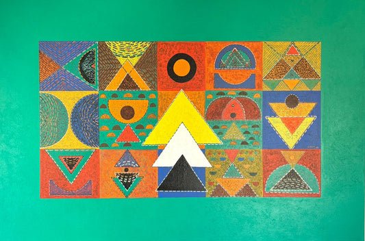 A horizontal contemporary abstract painting by Vivek Nimbolkar featuring a central grid of 15 squares with various geometric shapes in bold colors, framed by a wide, solid green border.
